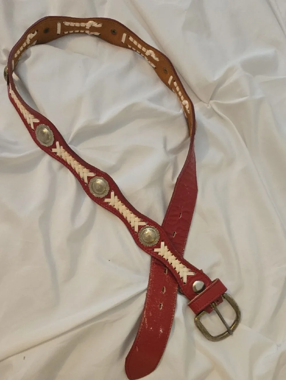 Women's Red Leather Decorative Belt with Silver Conchos
